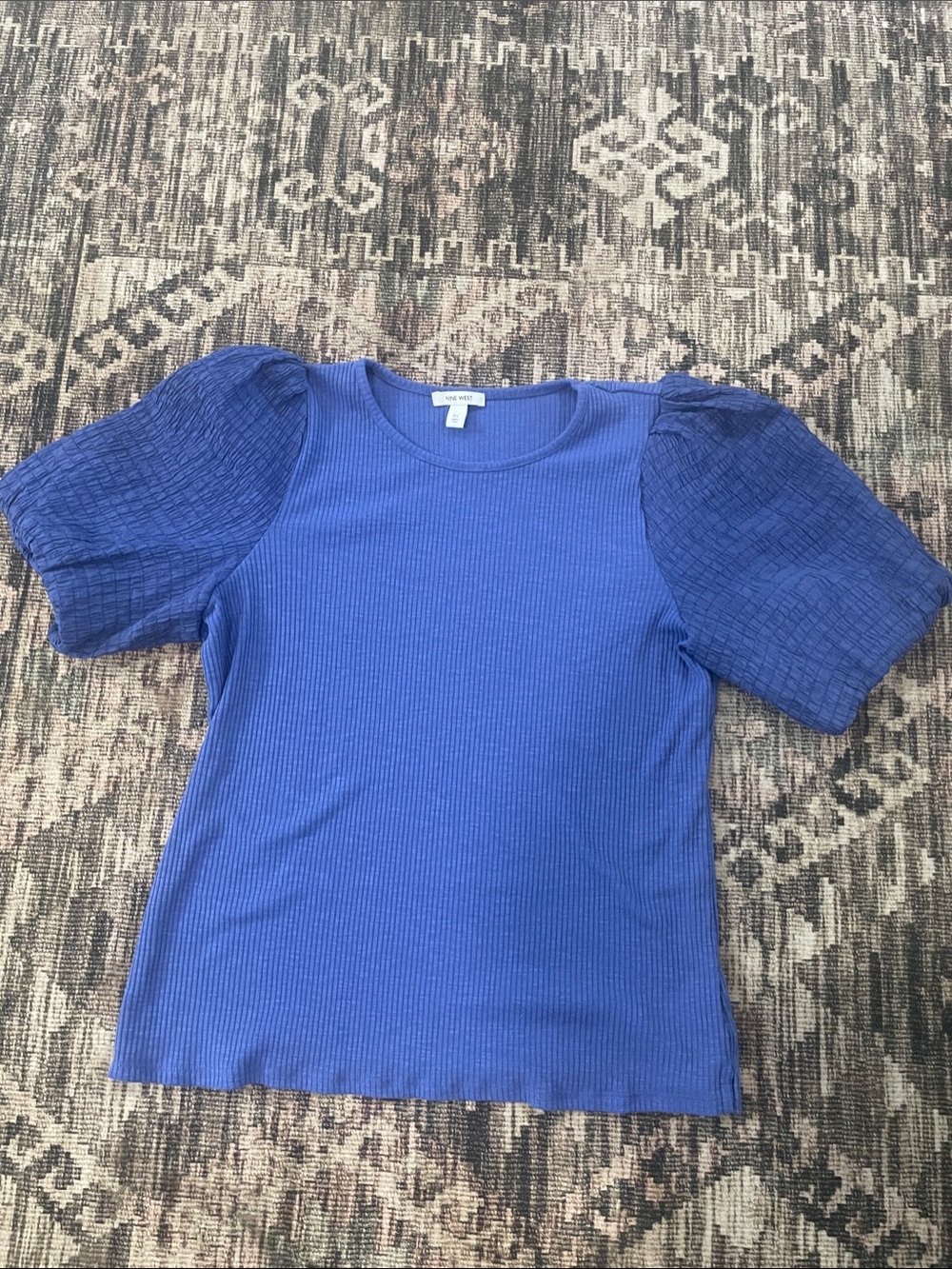 NINE WEST Blue Puff-Sleeve Ribbed Knit Top - Women's